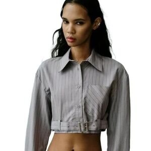 Zara Women's‎ Gray Pinstripe Long Sleeve Belted Cropped Shirt Top Size Large